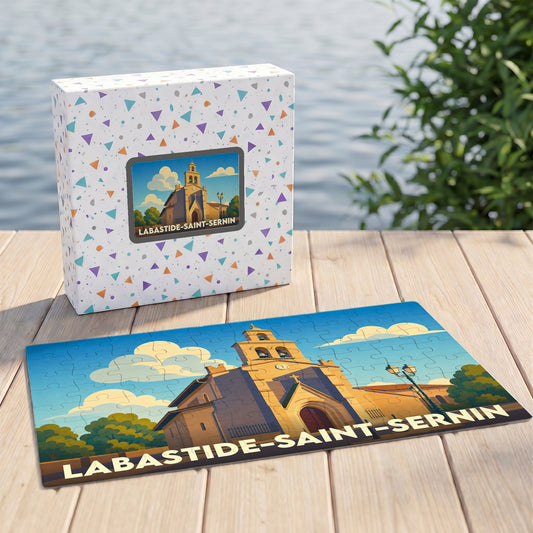 Puzzle souvenir de la ville de Labastide-Saint-Sernin avec une illustration stylisée d'une église sous un ciel ensoleillé.