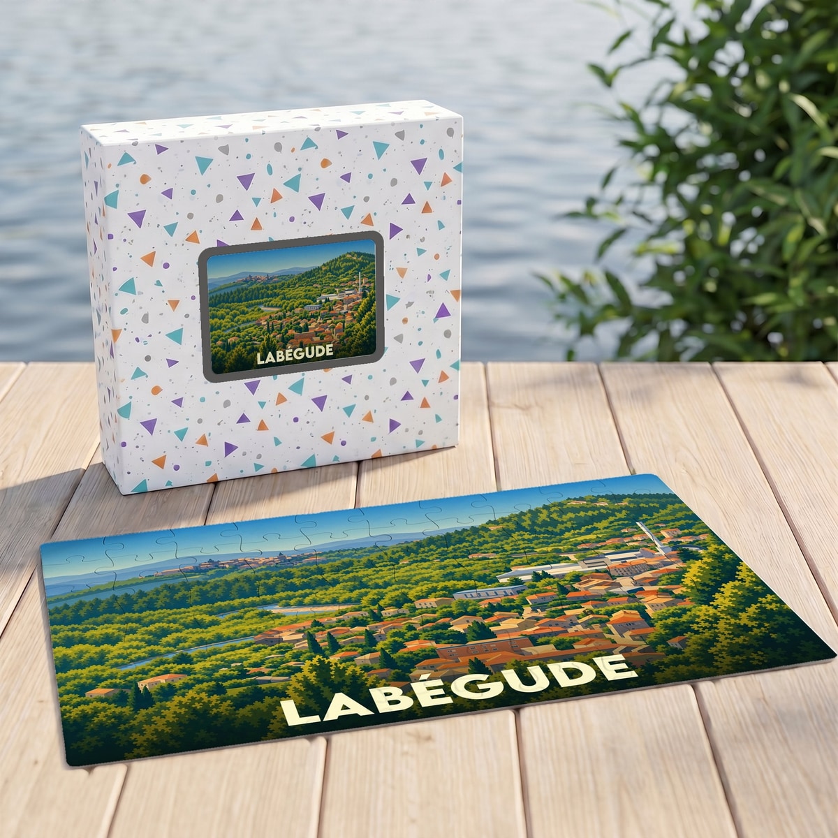 Puzzle souvenir de la ville de Labégude avec une illustration stylisée et colorée du paysage.