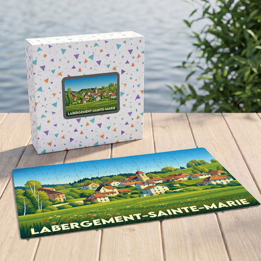 Puzzle souvenir de la ville de Labergement-Sainte-Marie avec une illustration stylisée de son paysage champêtre.
