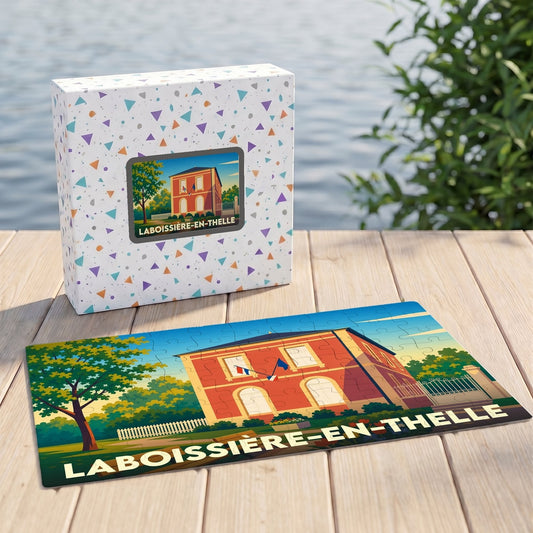 Puzzle souvenir de la ville de Laboissière-en-Thelle avec une illustration stylisée de sa mairie.