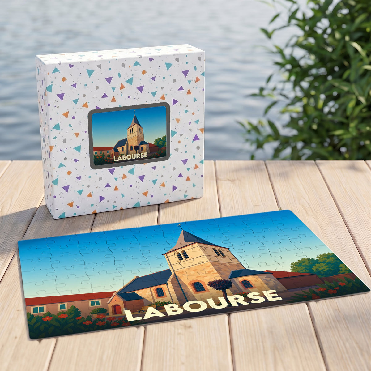 Puzzle souvenir de la ville de Labourse avec une illustration stylisée de son église.