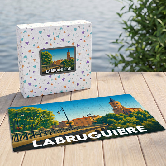 Puzzle souvenir de la ville de Labruguière avec une illustration stylisée.