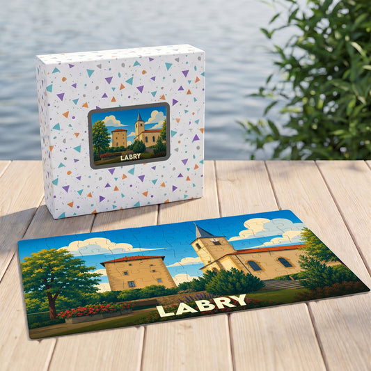 Puzzle souvenir de la ville de Labry présentant une illustration colorée et stylisée de son patrimoine.