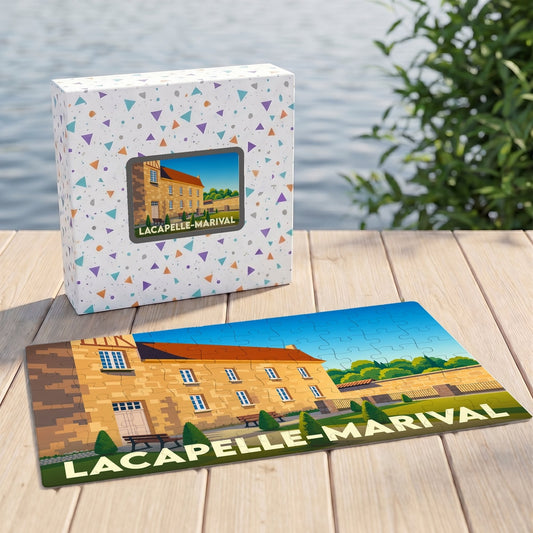 Puzzle souvenir de la ville de Lacapelle-Marival avec une illustration stylisée de son patrimoine.