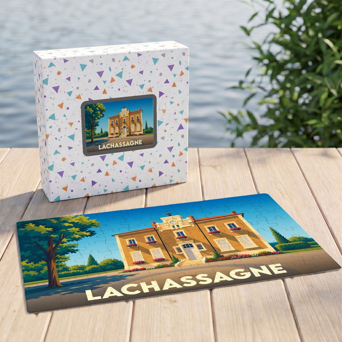 Puzzle souvenir de la ville de Lachassagne avec une illustration stylisée d'un bâtiment historique.