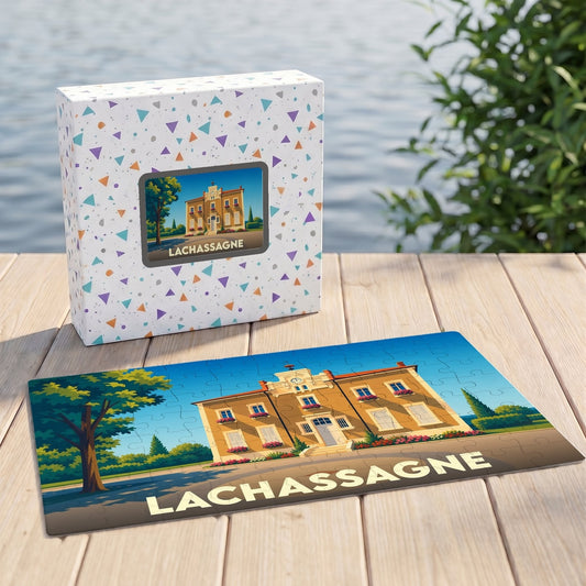 Puzzle souvenir de la ville de Lachassagne avec une illustration stylisée d'un bâtiment historique.