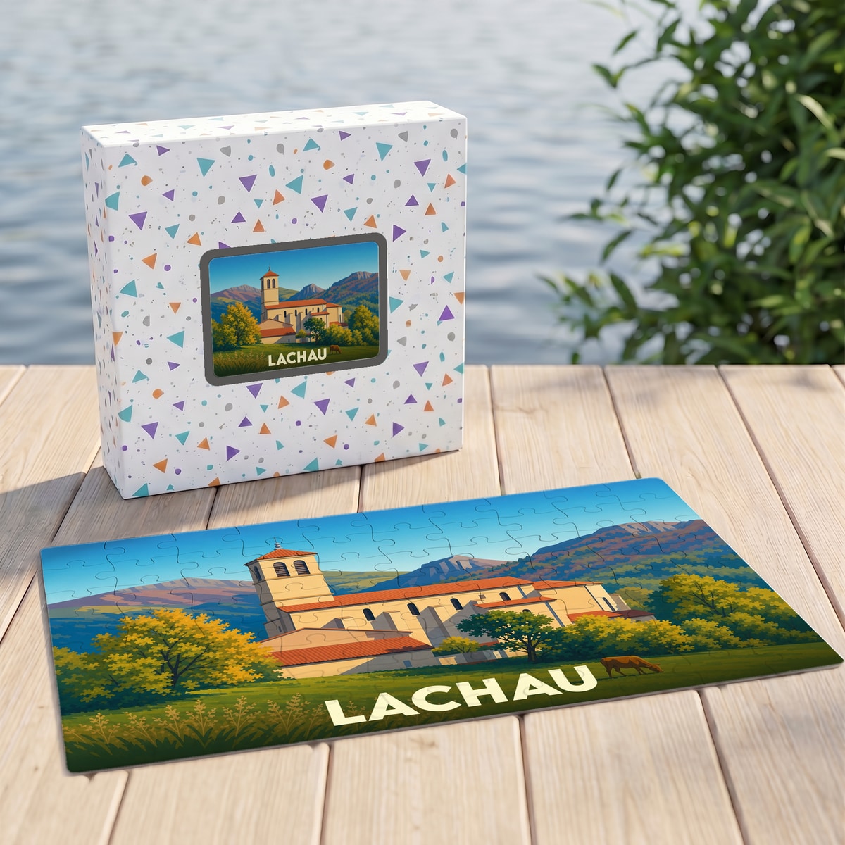 Puzzle souvenir de la ville de Lachau avec une illustration stylisée d'une église de campagne.