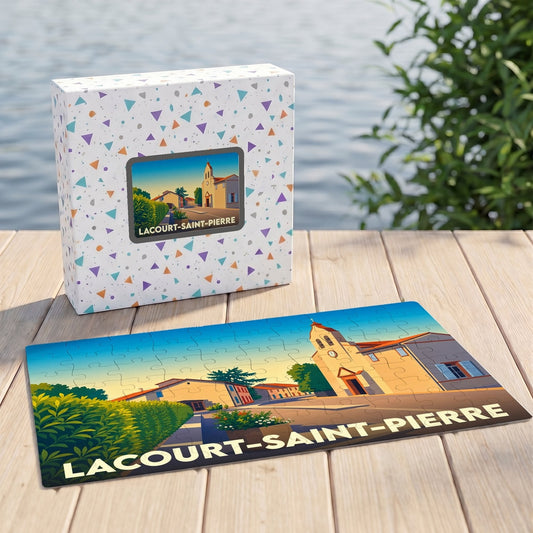 Puzzle souvenir de la ville de Lacourt-Saint-Pierre avec son illustration stylisée et sa boîte assortie.