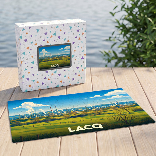 Puzzle souvenir de la ville de Lacq avec une illustration stylisée de son paysage industriel.