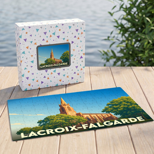 Puzzle souvenir de la ville de Lacroix-Falgarde avec une illustration stylisée d'une église sous un ciel bleu.