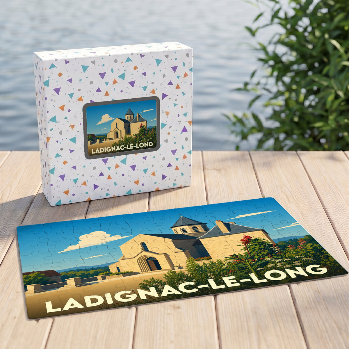 Puzzle souvenir de la ville de Ladignac-le-Long avec une illustration stylisée de son église.