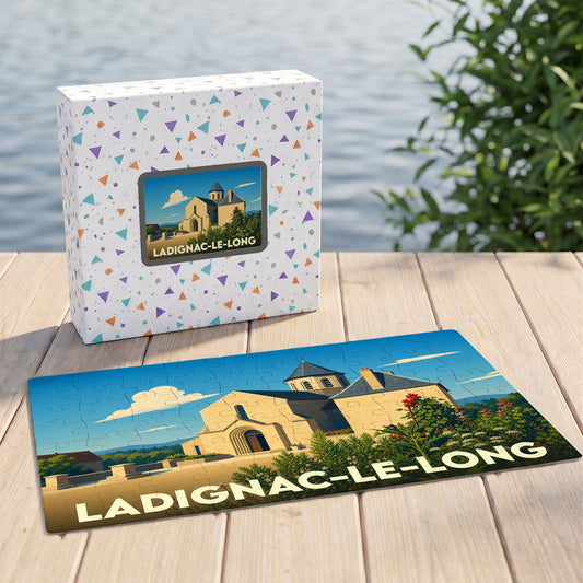 Puzzle souvenir de la ville de Ladignac-le-Long avec une illustration stylisée de son église.