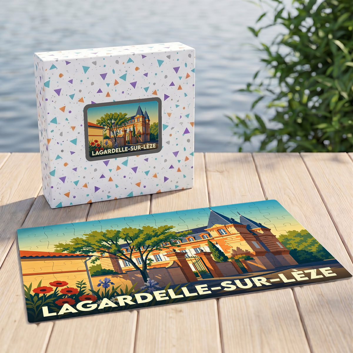 Puzzle souvenir de la ville de Lagardelle-sur-Lèze avec une illustration stylisée d'un château.