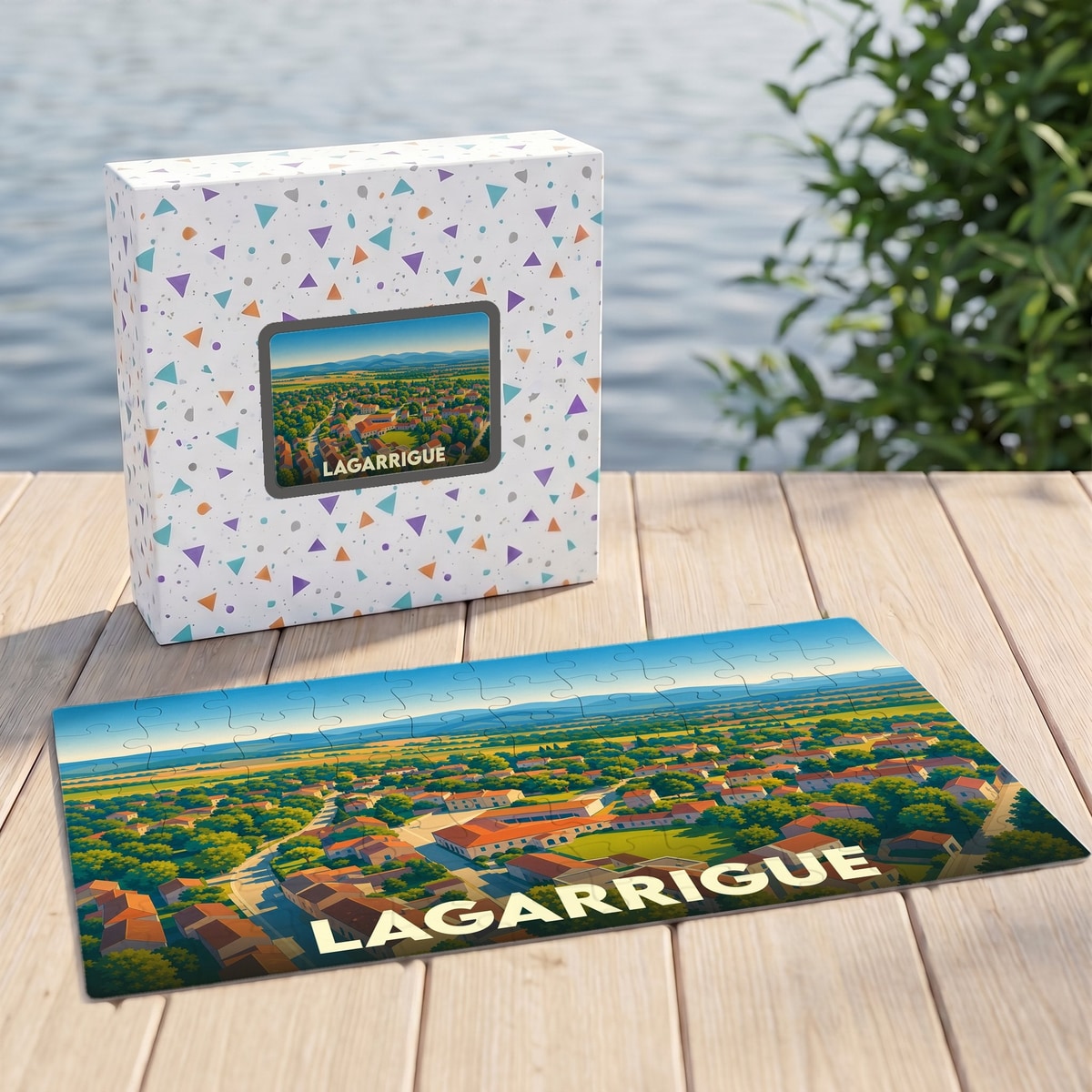 Puzzle souvenir de la ville de Lagarrigue avec une illustration panoramique stylisée.
