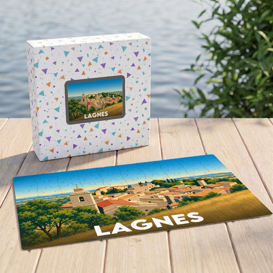 Puzzle souvenir de la ville de Lagnes avec une illustration stylisée de ses paysages provençaux.