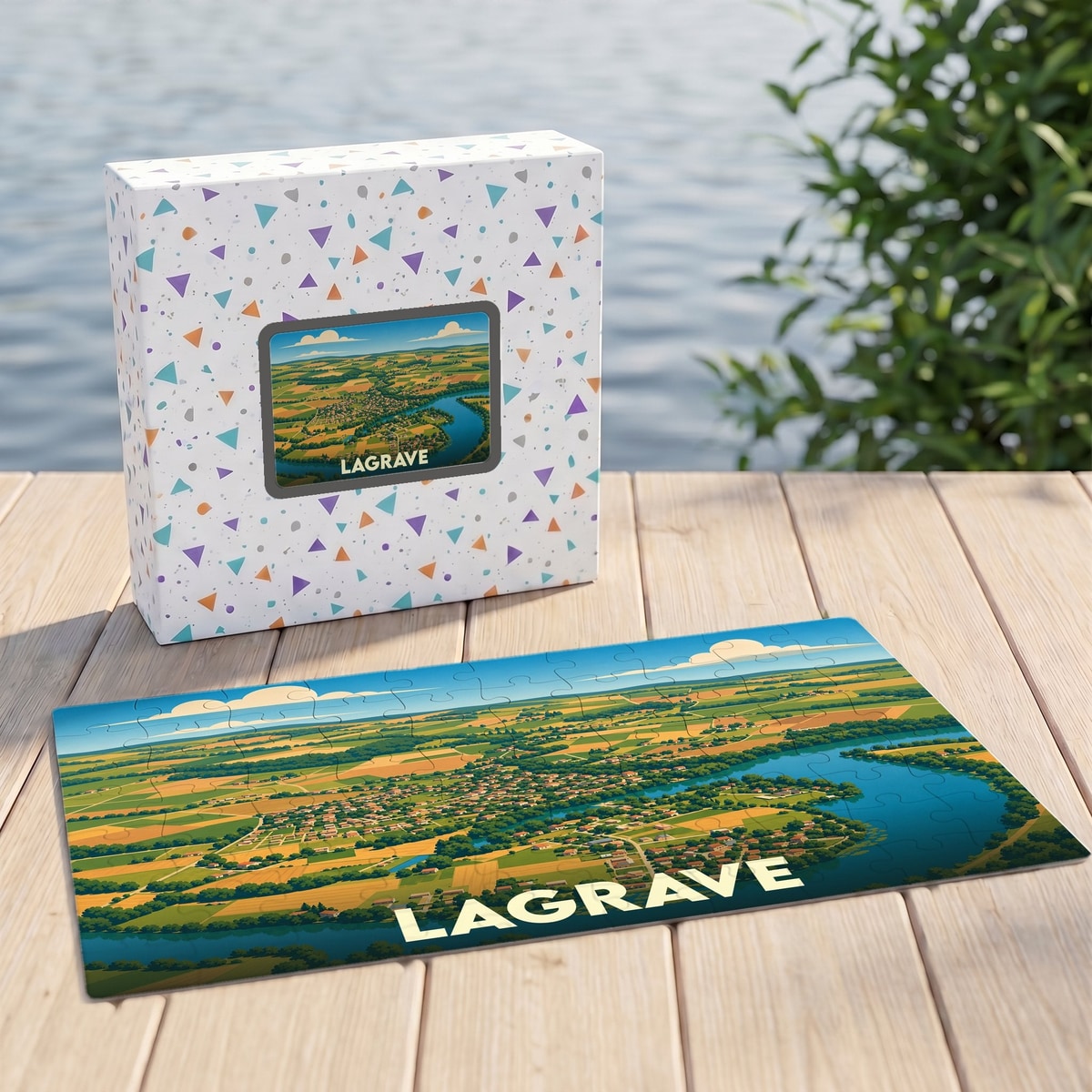 Puzzle souvenir de la ville de Lagrave avec une illustration de paysage champêtre sur sa boîte assortie.