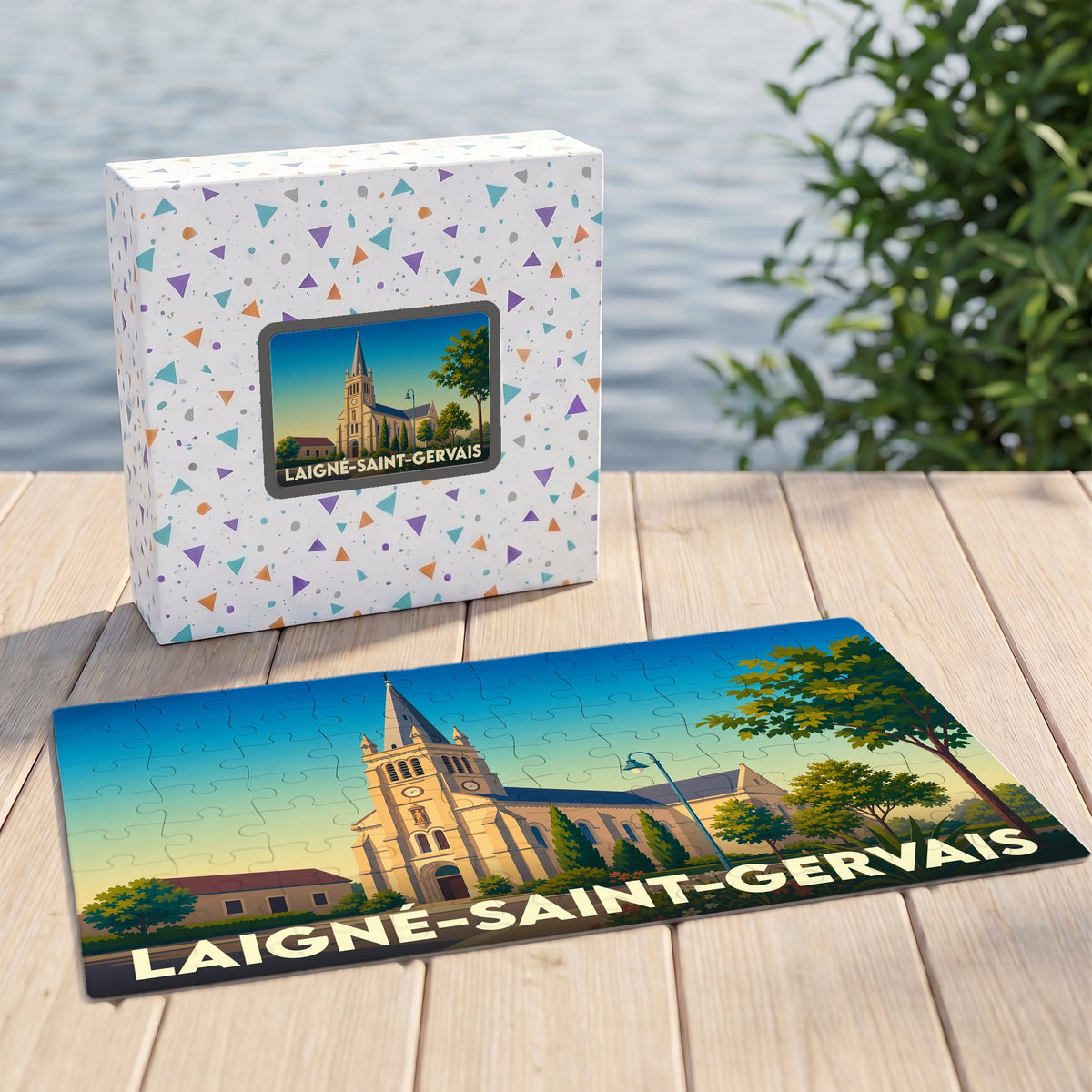 Puzzle souvenir de la ville de Laigné-Saint-Gervais avec une illustration stylisée de son église.