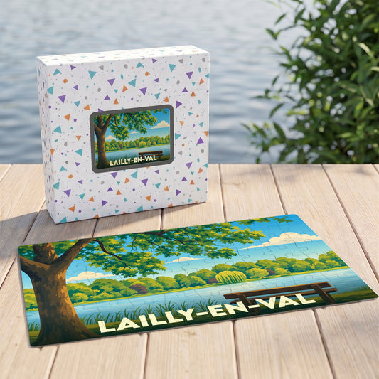 Puzzle souvenir de la ville de Lailly-en-Val avec une illustration stylisée d'un paysage de bord d'eau.