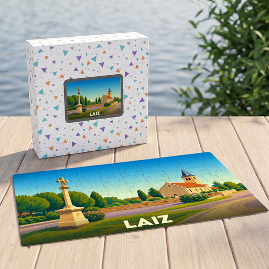 Puzzle souvenir de la ville de Laiz avec une illustration stylisée d'un monument et d'une église.