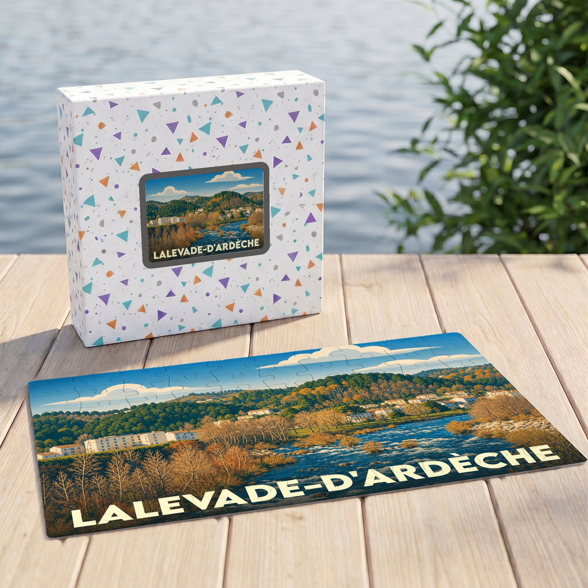 Puzzle souvenir de la ville de Lalevade-d'Ardèche présentant une illustration de paysage au bord de l'eau.
