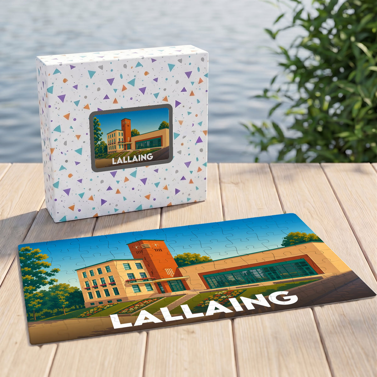 Puzzle souvenir de la ville de Lallaing avec une illustration colorée du bâtiment de l'hôtel de ville.
