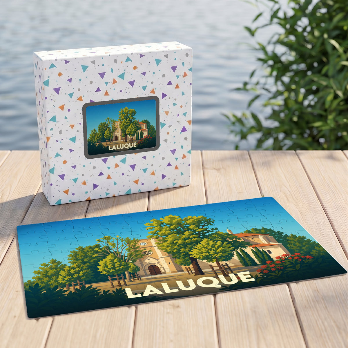 Puzzle souvenir de la ville de Laluque avec une illustration stylisée et colorée.