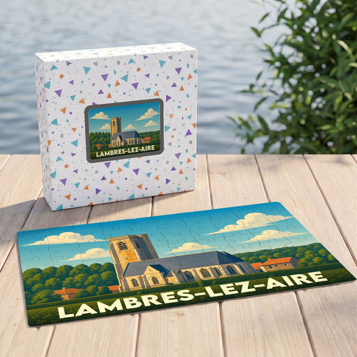 Puzzle souvenir de la ville de Lambres-lez-Aire avec une illustration stylisée de son église.