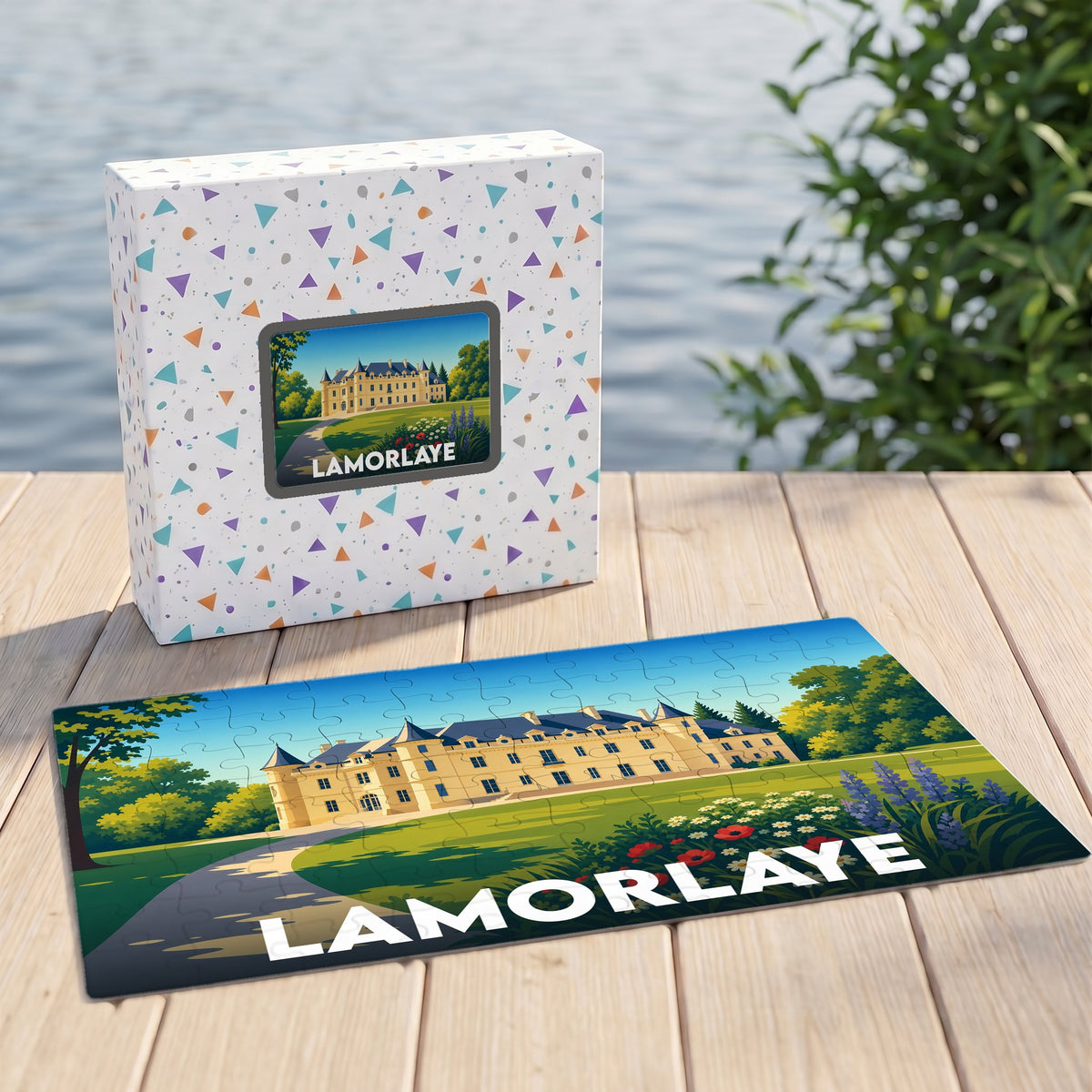 Puzzle souvenir de la ville de Lamorlaye représentant son château avec une illustration colorée et stylisée.