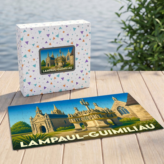 Puzzle souvenir de la commune de Lampaul-Guimiliau avec une illustration stylisée de son enclos paroissial.