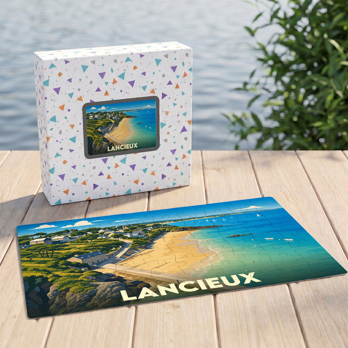Puzzle souvenir de la ville de Lancieux avec une illustration stylisée d'un paysage côtier.