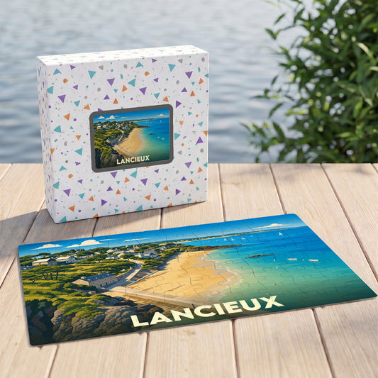 Puzzle souvenir de la ville de Lancieux avec une illustration stylisée d'un paysage côtier.