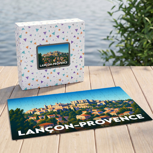 Puzzle souvenir de la ville de Lançon-Provence avec une illustration paysagère stylisée.