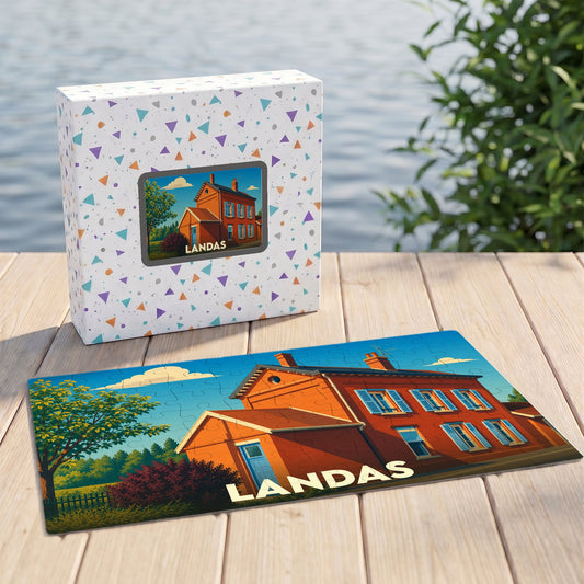Puzzle souvenir de la ville de Landas avec une illustration stylisée d'une maison en briques rouges.