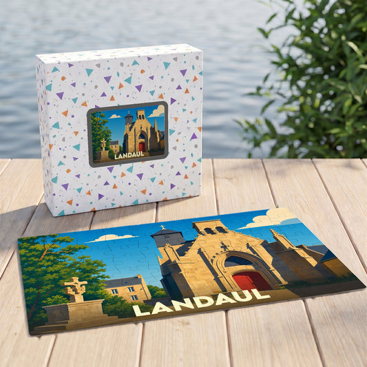 Puzzle souvenir de la ville de Landaul avec une illustration stylisée de son église.
