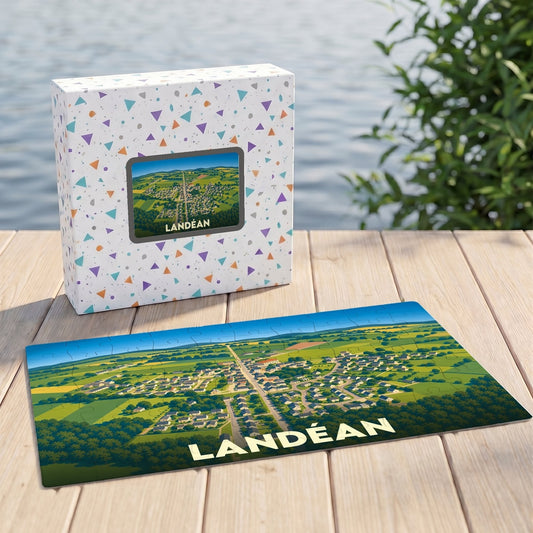 Puzzle souvenir de la ville de Landéan présentant une illustration aérienne et colorée de la commune.