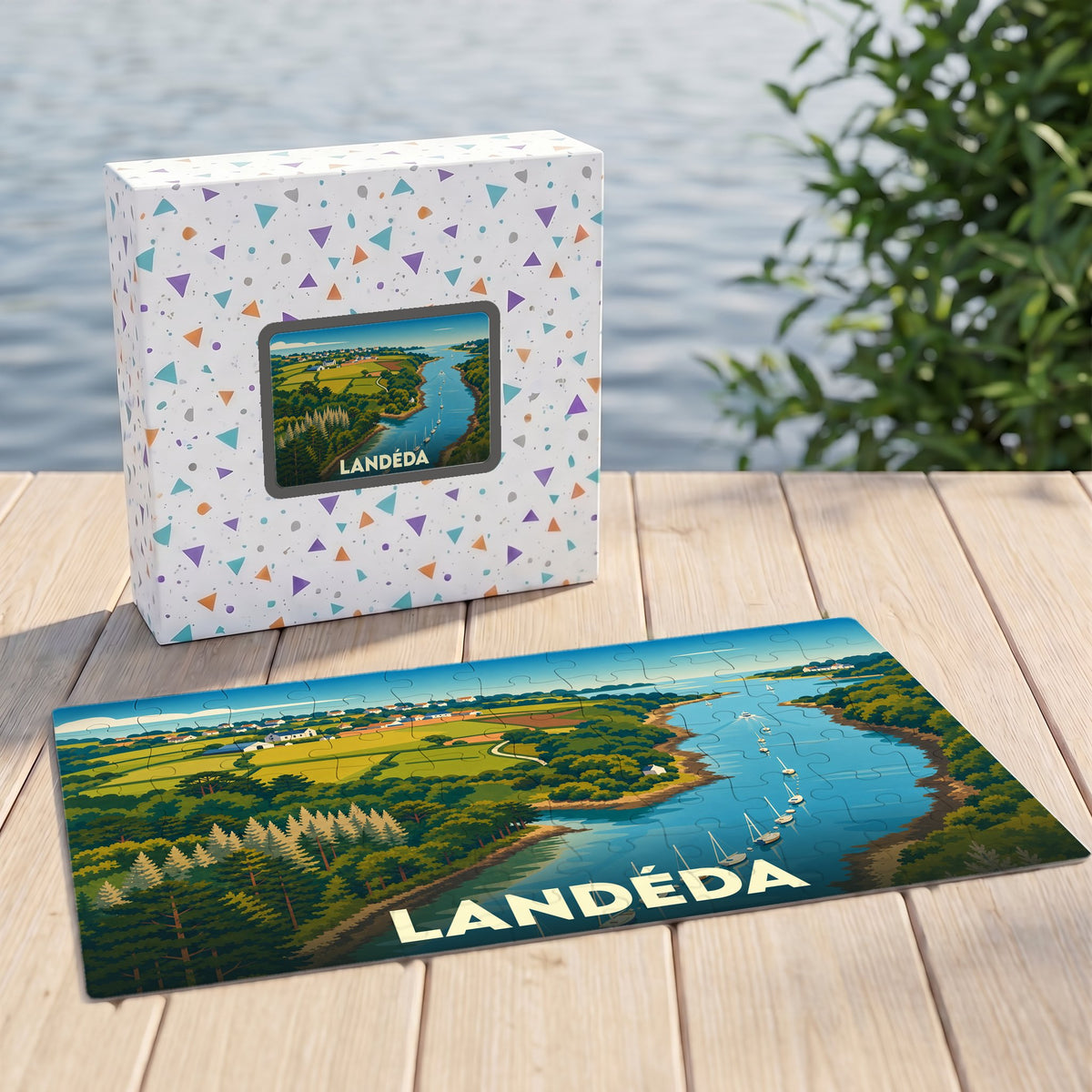 Puzzle souvenir de la ville de Landéda avec une illustration stylisée d'un paysage côtier.