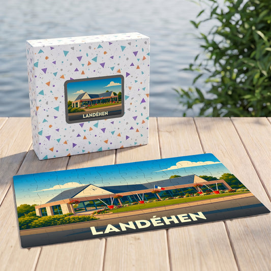 Puzzle souvenir de la ville de Landéhen avec une illustration stylisée d'un bâtiment municipal.