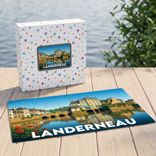 Puzzle souvenir de la ville de Landerneau représentant une illustration colorée du célèbre pont habité.