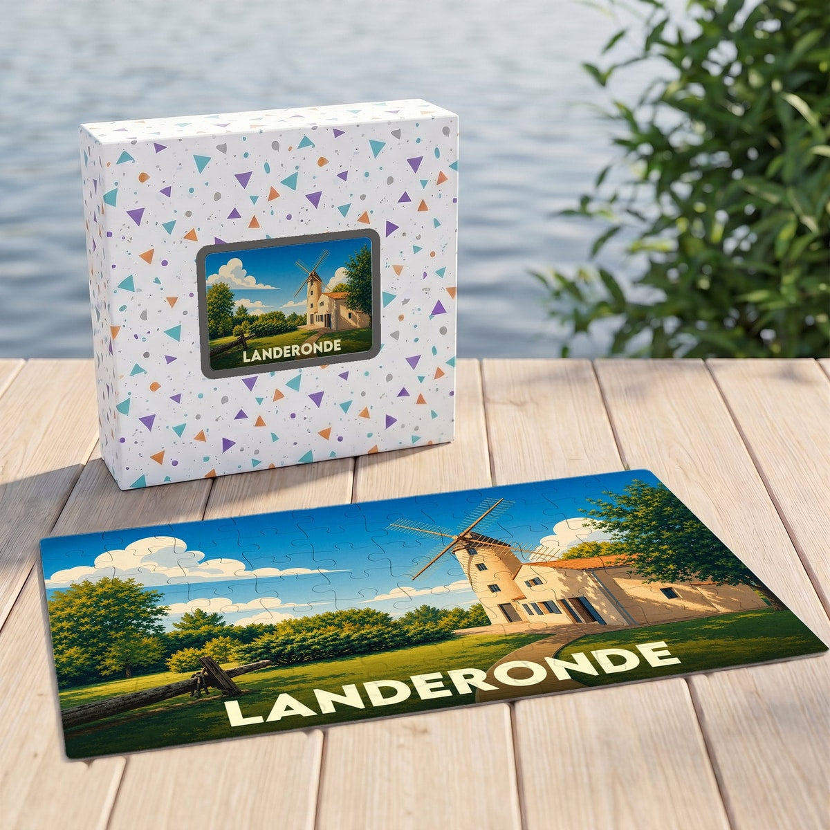 Puzzle souvenir de la ville de Landeronde illustrant un moulin dans un style vintage.