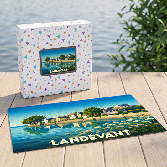Puzzle souvenir de la ville de Landévant avec une illustration stylisée et colorée du bord de mer.