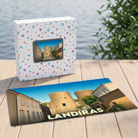 Puzzle souvenir de la ville de Landiras avec une illustration stylisée de son patrimoine architectural.