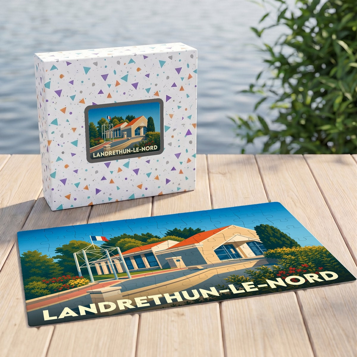 Puzzle souvenir de la ville de Landrethun-le-Nord avec une illustration stylisée et colorée.