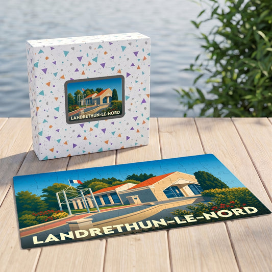 Puzzle souvenir de la ville de Landrethun-le-Nord avec une illustration stylisée et colorée.