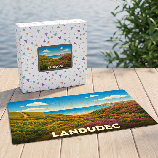 Puzzle souvenir de la ville de Landudec représentant un paysage côtier illustré.