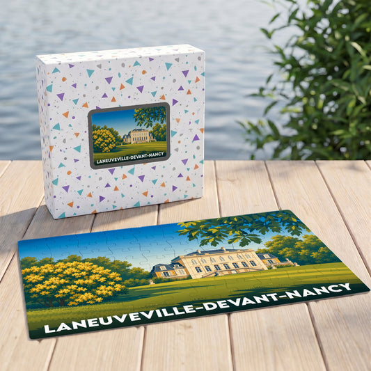 Puzzle souvenir de Laneuveville-devant-Nancy représentant une illustration stylisée de son patrimoine.