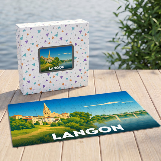 Puzzle souvenir de la ville de Langon avec une illustration stylisée d'un paysage urbain au bord de l'eau.
