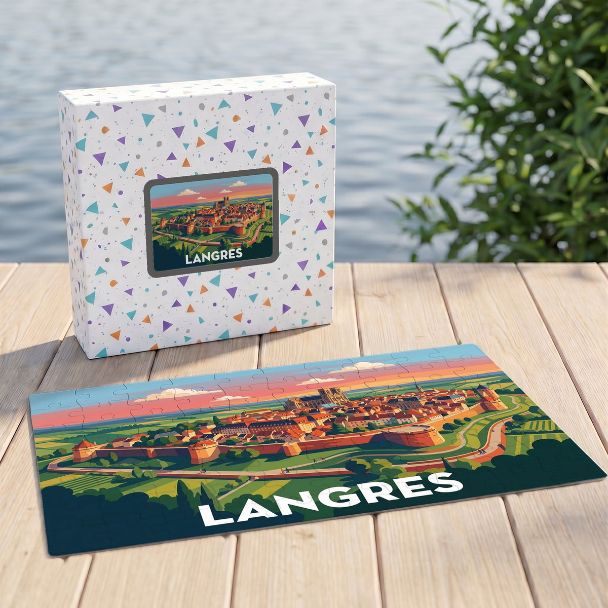 Puzzle souvenir de la ville de Langres avec une illustration stylisée des remparts et de la cathédrale.