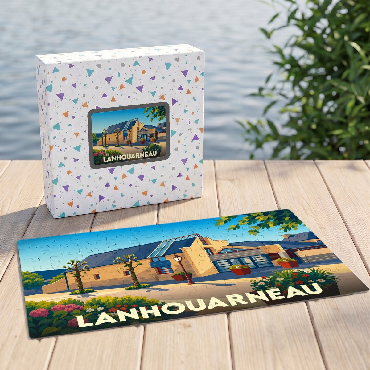 Puzzle souvenir de la ville de Lanhouarneau avec une illustration stylisée et colorée.