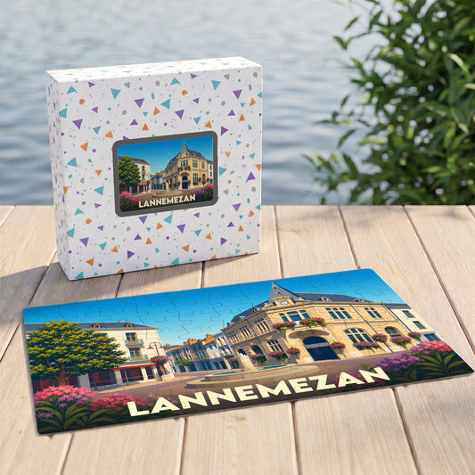 Puzzle souvenir de la ville de Lannemezan avec une illustration stylisée.