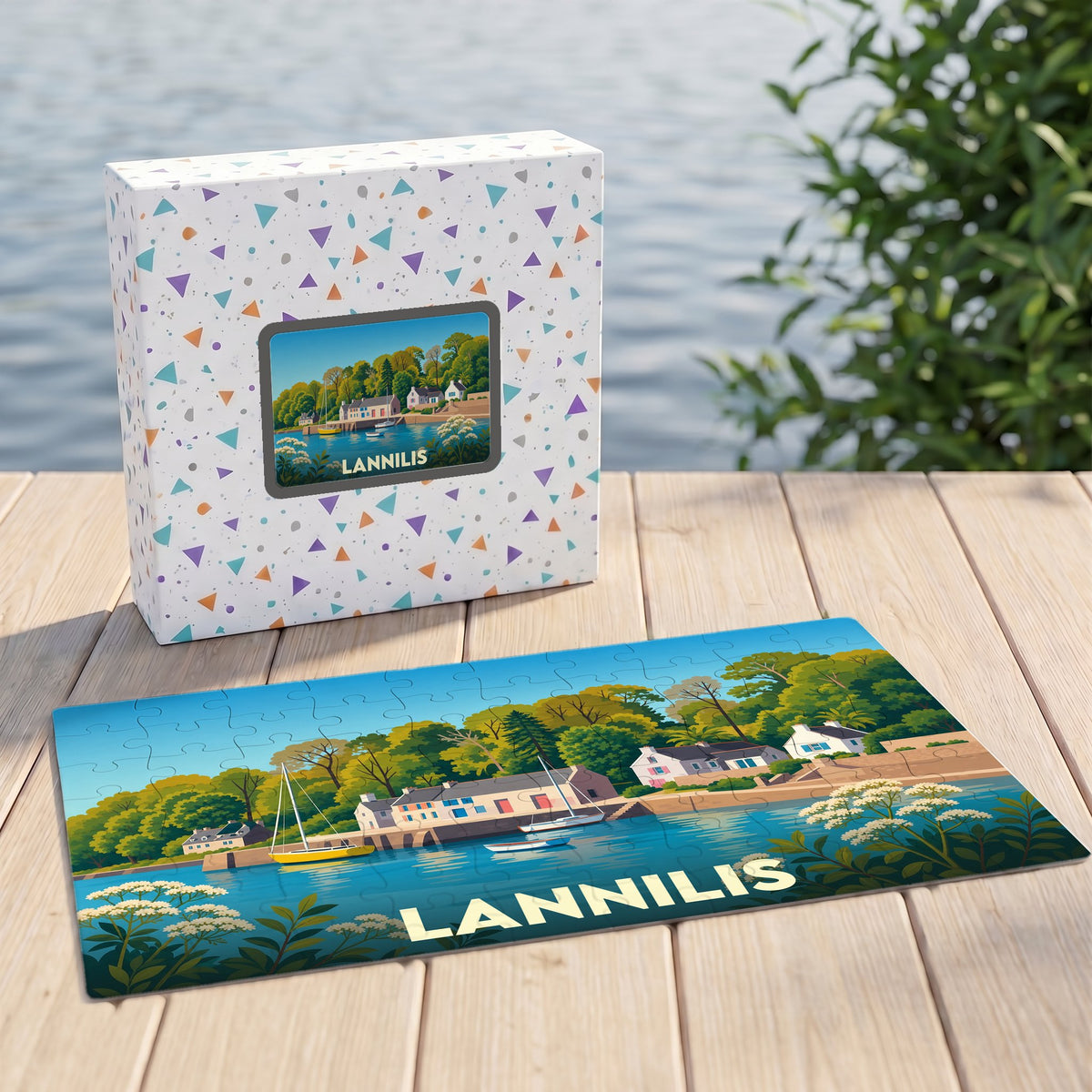 Puzzle souvenir de la ville de Lannilis avec une illustration stylisée d'un port breton.